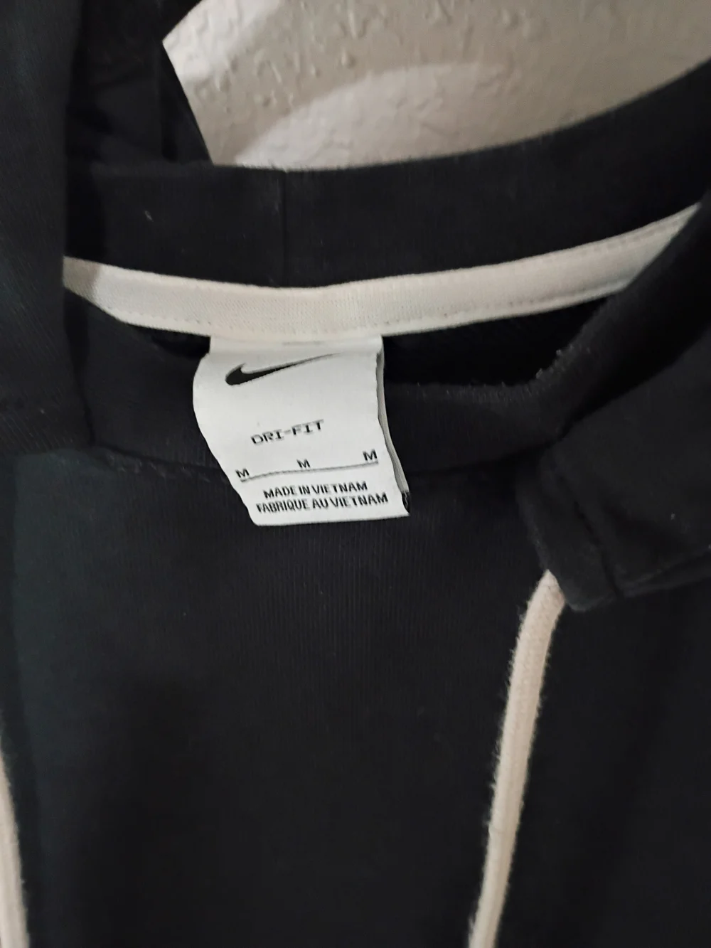 Nike Black Hoodie with White Swoosh and Cream Drawcords